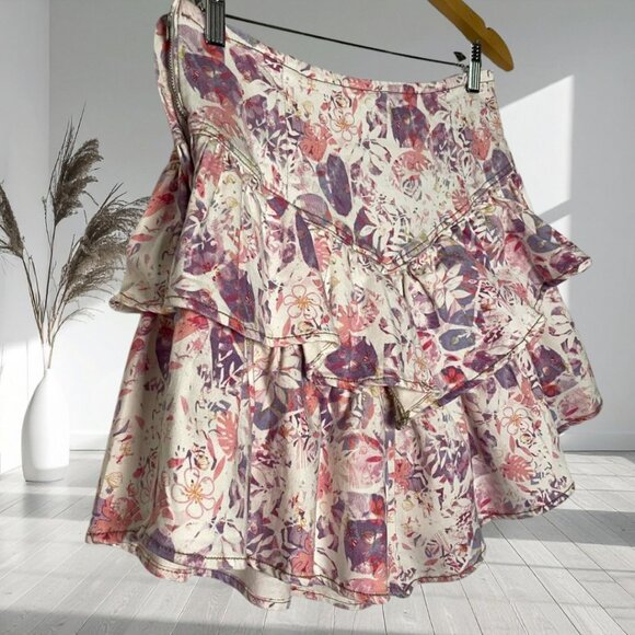DRIFTWOOD NWT Floral Print Tiered Ruffle Denim Mini Skirt Medium M Side Zip - Picture 5 of 14